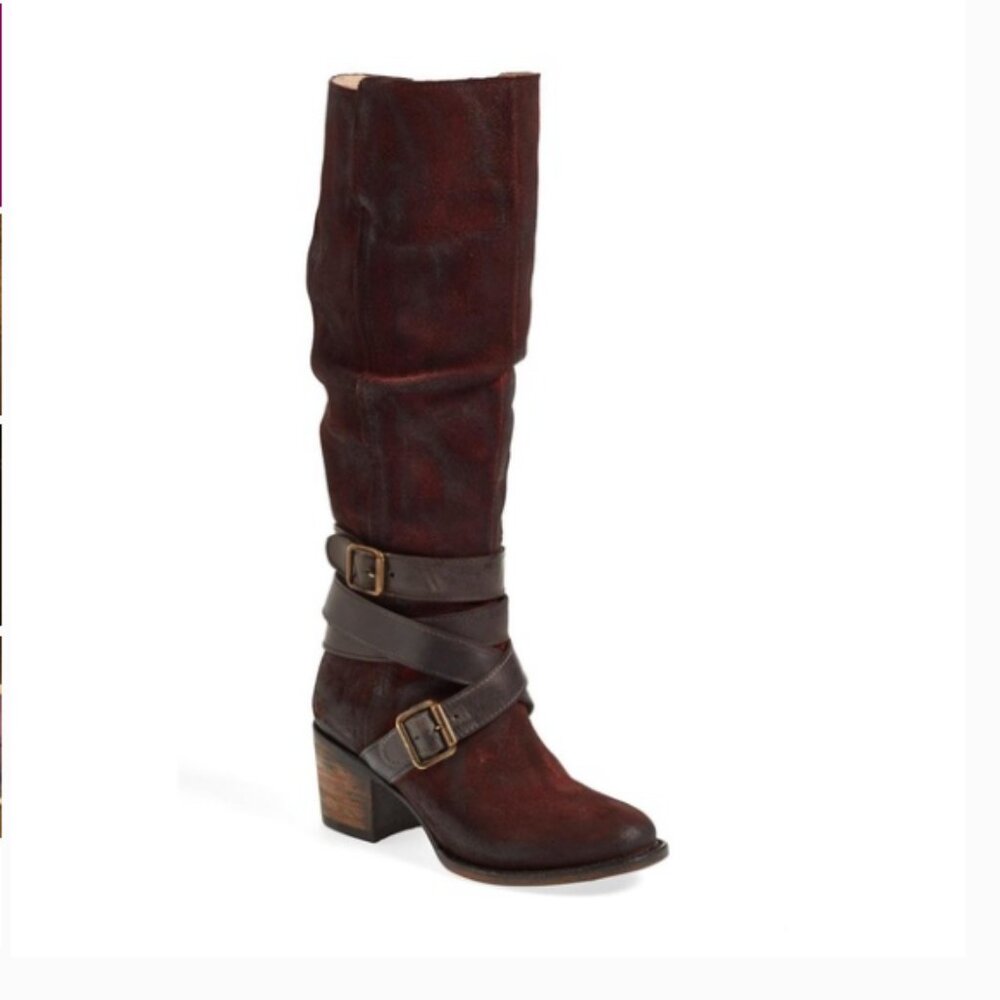Freebird by Steven Siera Waxed Suede Leather Knee High Boots Wine Burgundy Red 8